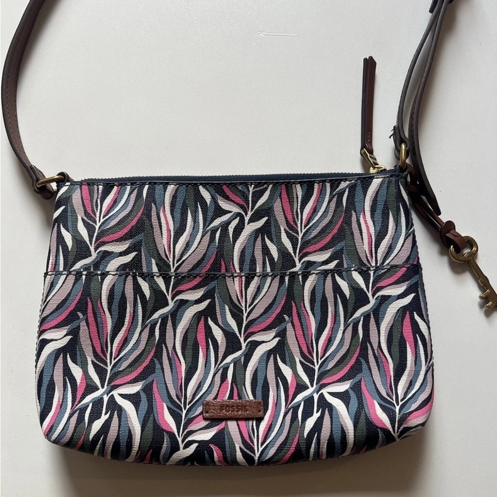 Fossil Multicolor Floral Print Leather Trim Crossbody Shoulder Bag boho - Picture 11 of 15